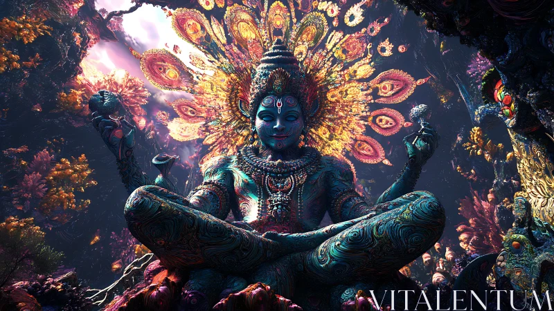 Cosmic lotus deity dreaming in neon fractal starlight.