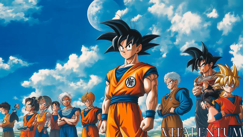 Anime ensemble under expansive sky with heroic central stance.