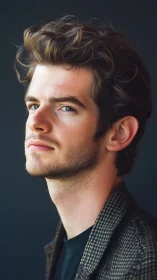 Pensive young man in soft studio side lighting portrait.