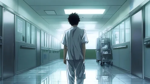 Solitary figure in hospital corridor under fluorescent lighting.