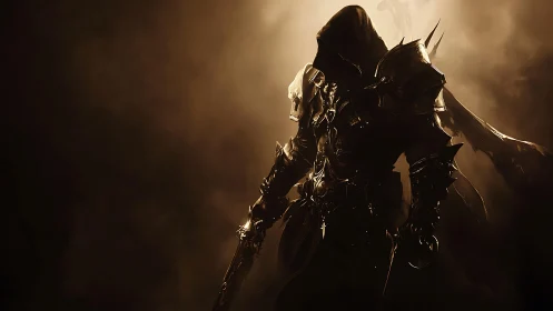 Hooded dark knight emerges from shadow in burning light.