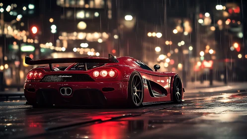 Scarlet hypercar under neon rain in cinematic city streets.