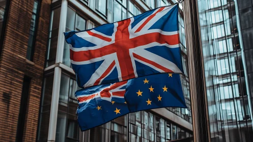 Union Jack and EU flag captured in dynamic urban wind motion