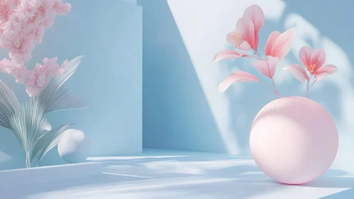 Minimalist pastel floral arrangement in soft blue and pink tones.