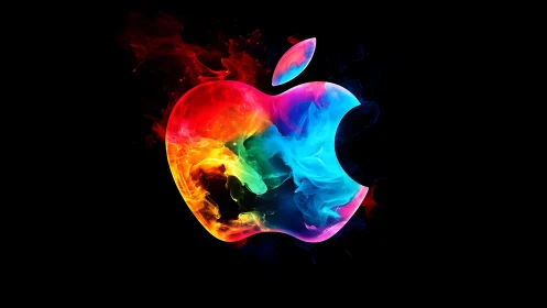 Colorful neon apple shape glows softly against deep black space