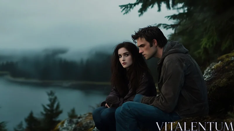 Two figures contemplate misty lakeside under twilight forest canopy