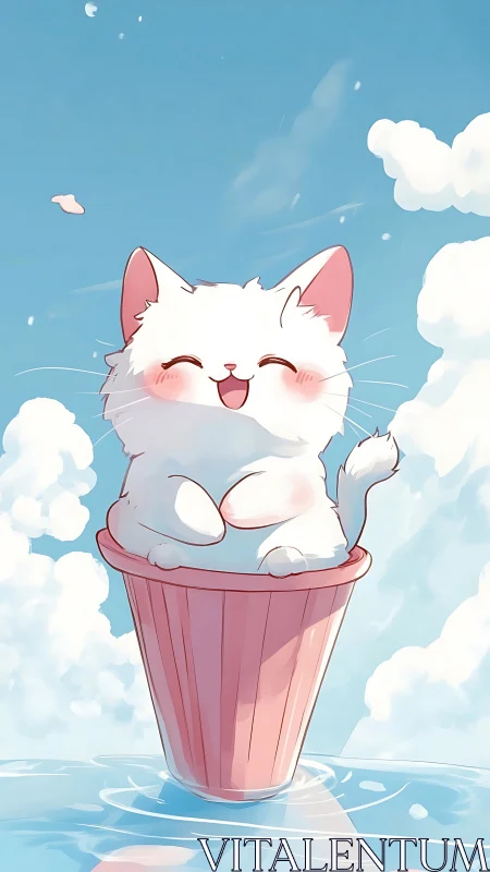 Sunny sky kitten perched in a pastel pink cup of joy.