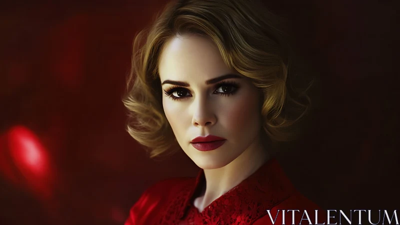 Elegant woman in red gazes intensely against a shadowed backdrop
