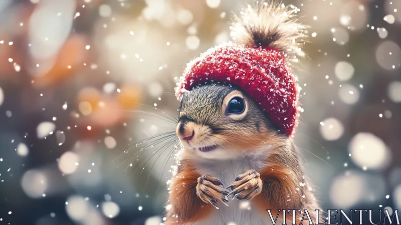 High depth-of-field winter portrait of squirrel in red knit hat