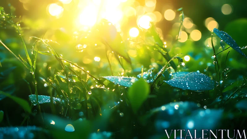 Morning dew on sunlit foliage in luminous bokeh glow.