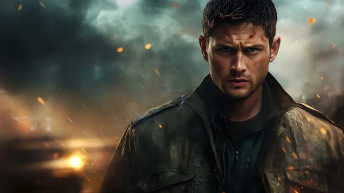 Battleworn male soldier portrait in cinematic storm lighting