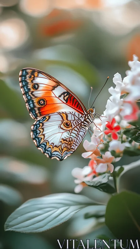 Gentle pause of a patterned butterfly on soft blooms.