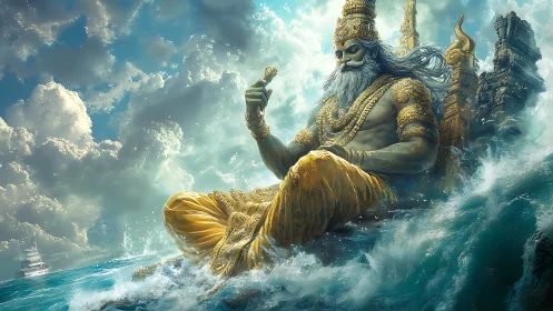 Oceanic deity seated amid storm-tossed waves and golden spires.