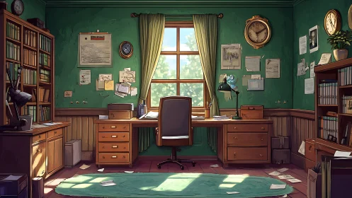 Sunlit vintage study shows cluttered but cozy workspace.