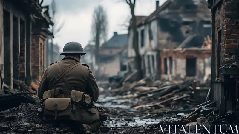 Solitary soldier kneels in war-torn street of shattered homes.