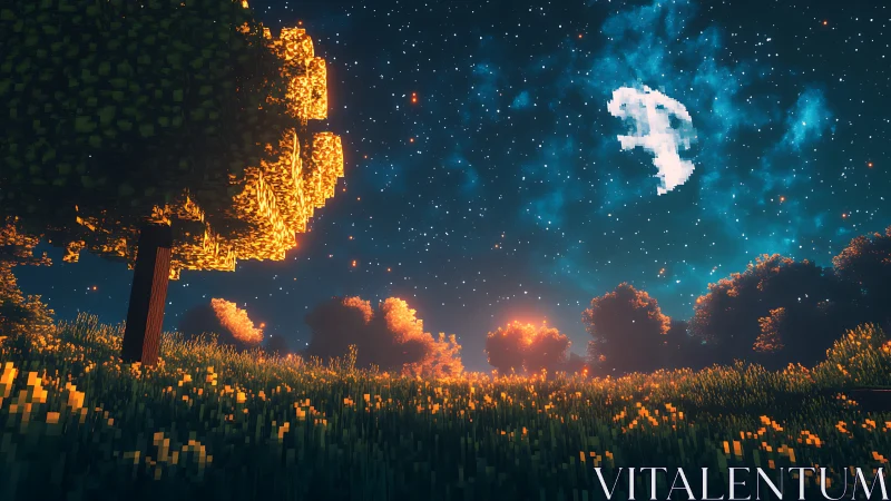 Voxel meadow glows under pixel moon and starfield sky.