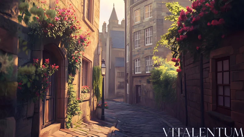 Narrow stone alleyway curves between old houses at sunset