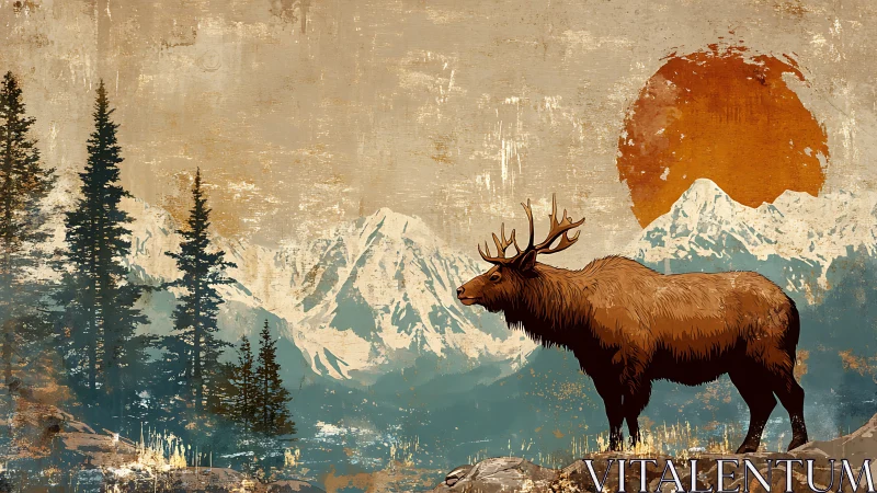 Elk sentinel beneath rusted sun over misty alpine range.