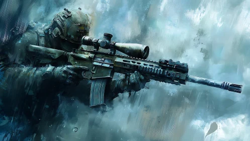 Armed Soldier with Tactical Rifle in Combat Stance.