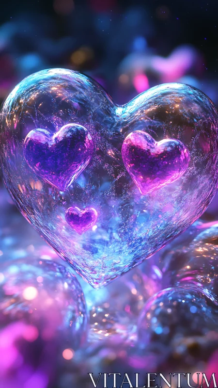 Luminous Neon Hearts in Translucent Bubble Form with Iridescent Glow