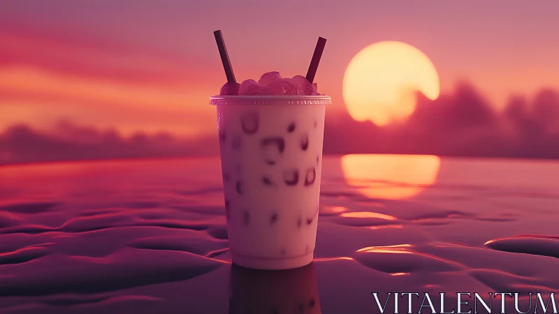 Bubble Tea Drink Against Sunset Seascape Setting