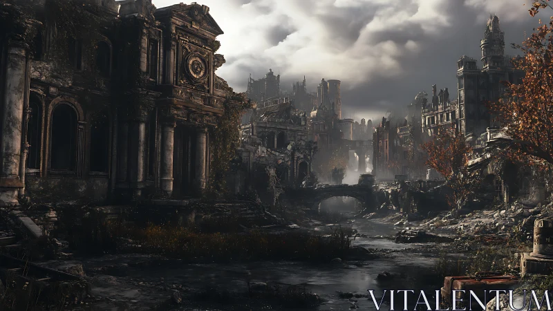 Post-collapse neoclassical ruins with fluvial urban erosion.