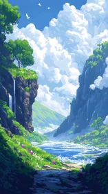 Sunlit valley river invites quiet wandering beneath bright clouds