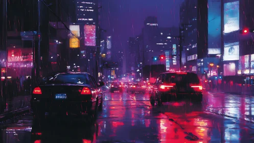 Neon soaked city street glows softly in the evening rain