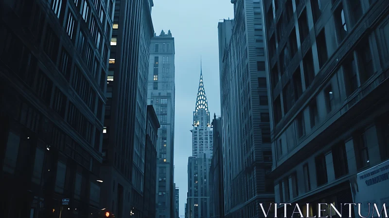 Nocturnal urban canyon with axial view to spired tower.