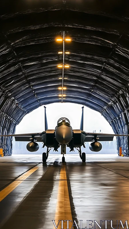 Jet aircraft is positioned centrally inside arched hangar