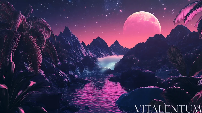 Neon tropical river valley under large pink alien moon.