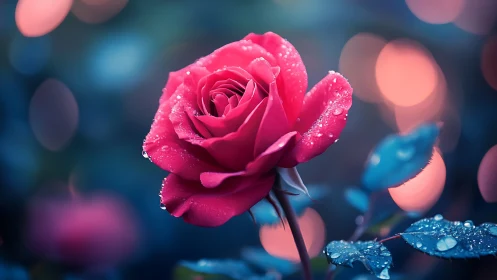 Pink rose with water droplets against blurred background.
