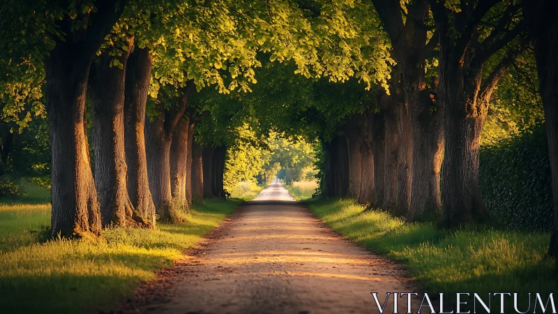 Tree-lined country path under dense summer foliage canopy.