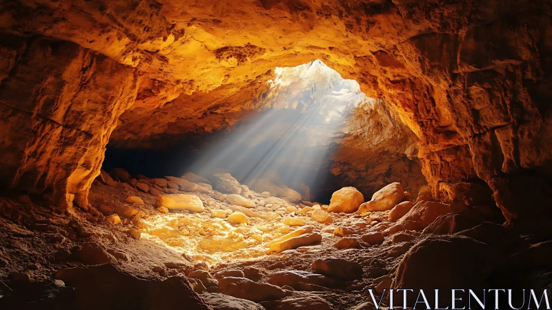 Sunlit rocky cave interior with warm orange stone walls.