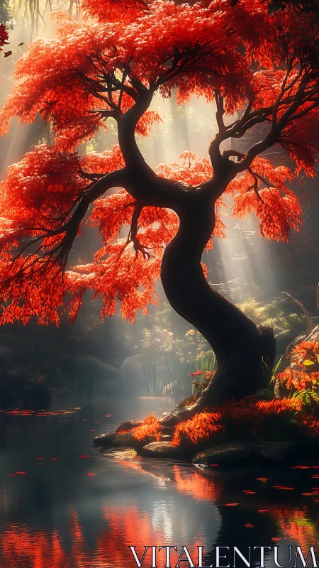 Crimson maple bends over misty pond in golden shafts.