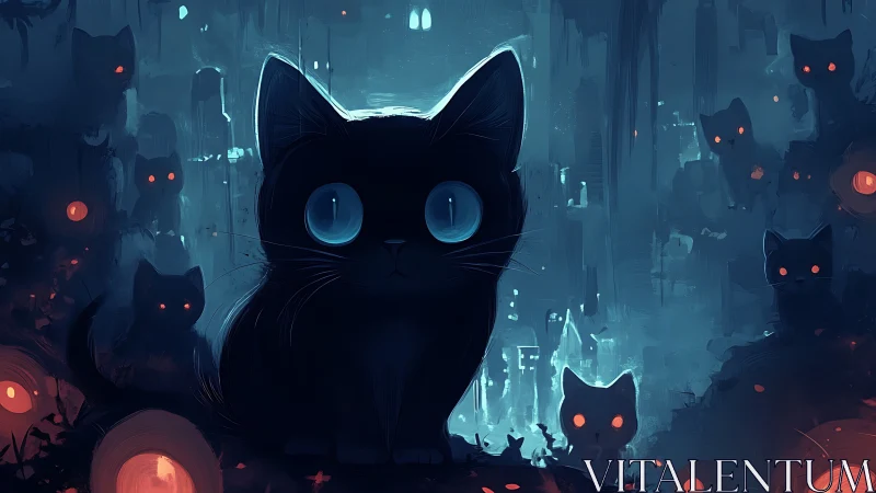 Neon-Eyed Black Cat in Cyberpunk Urban Landscape.