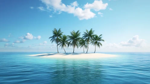 Tropical island with five palm trees isolated in open ocean