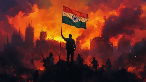 Soldier raises Indian flag over burning ruined cityscape