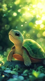 Curious baby turtle basking in soft, magical forest light.