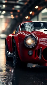 Red vintage sports car idles on wet city street at dusk