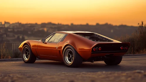 Mid-engined classic sports coupe in metallic orange at sunset