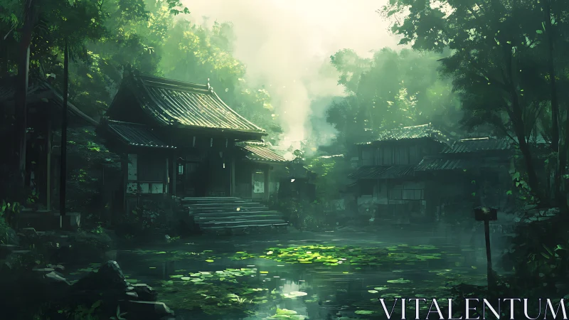 Misty forest pond with traditional Japanese wooden shrine