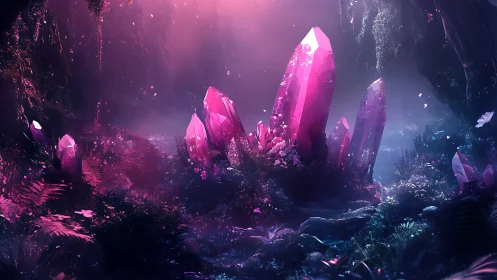 Luminous magenta crystal grove in misty enchanted cavern.