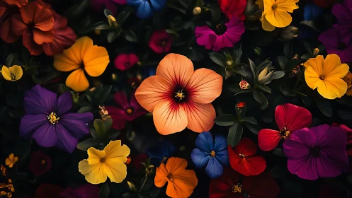 Dense floral arrangement with multiple colored blooms against dark foliage background