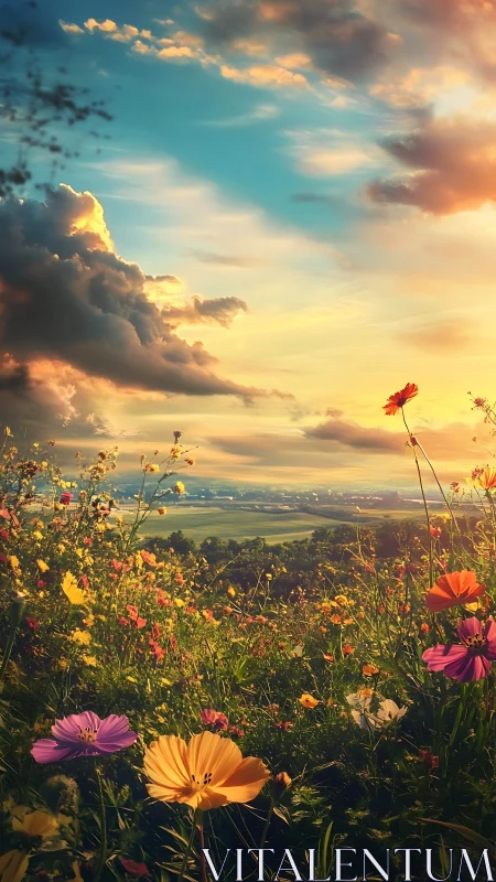 Wildflower meadow under radiant golden sunset sky.