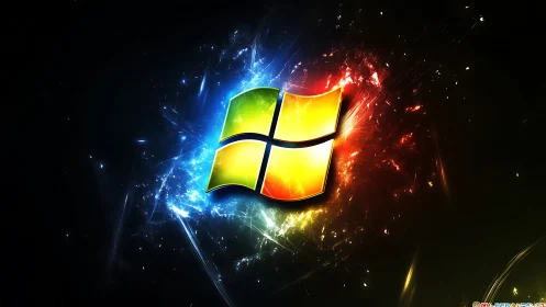 Windows logo with multicolor light effects on dark field.