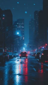 Nocturnal city street with neon reflections and snowfall.