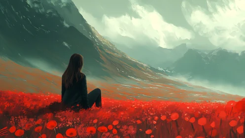 Solitary figure overlooks blazing red valley under clouds.