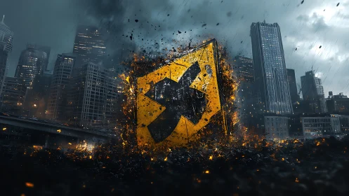 Explosive yellow shield emblem erupts amid stormy cityscape