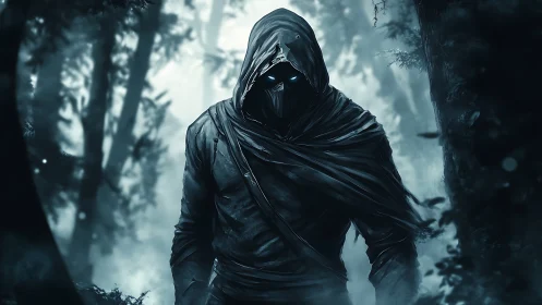 Hooded shadow stalks through misty forest in eerie silence